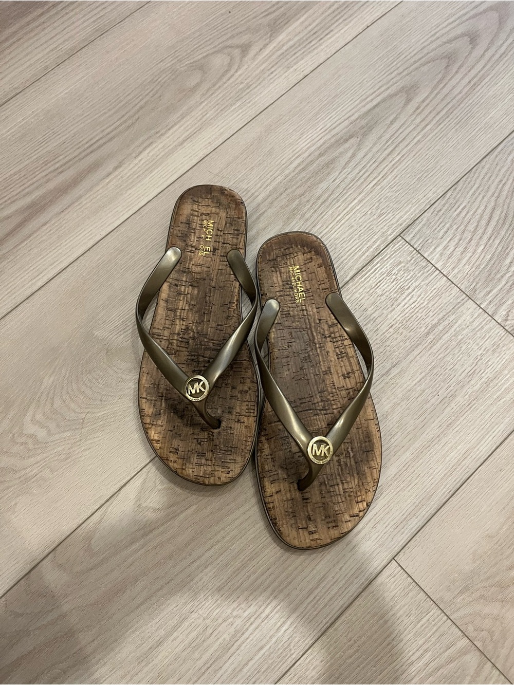 Michael Kors Gold Metallic Logo Flip Flops
